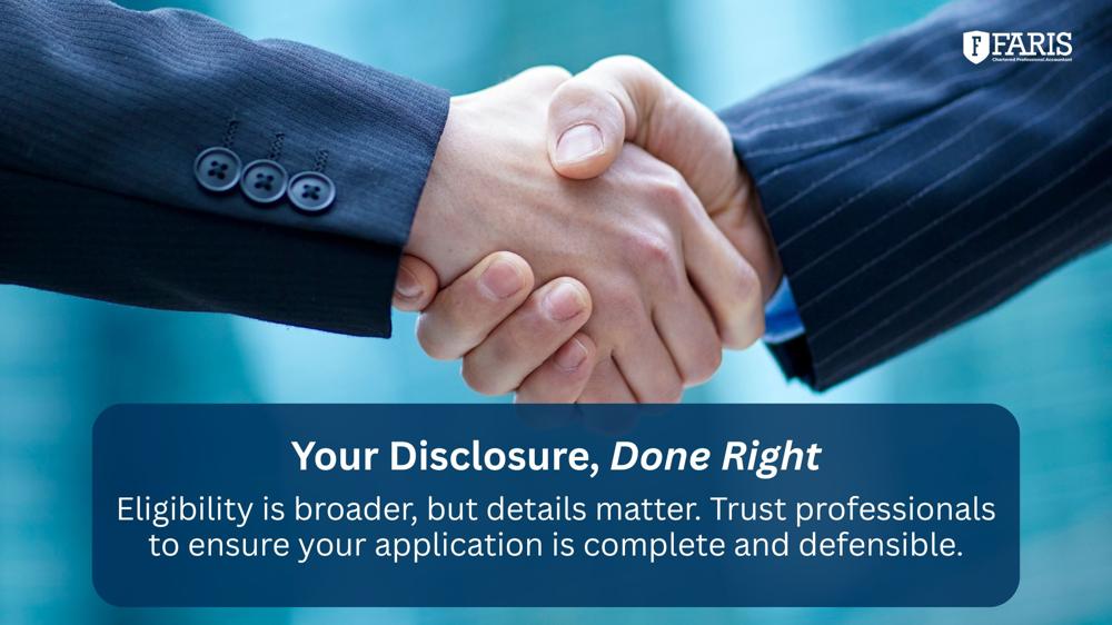 Two professionals shaking hands symbolizing trust and expertise, emphasizing Faris CPA’s careful handling of voluntary disclosure applications.