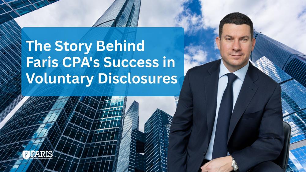 Sam Faris of Faris CPA with skyscrapers in the background, highlighting the firm’s success in voluntary disclosures for Canadian taxpayers.